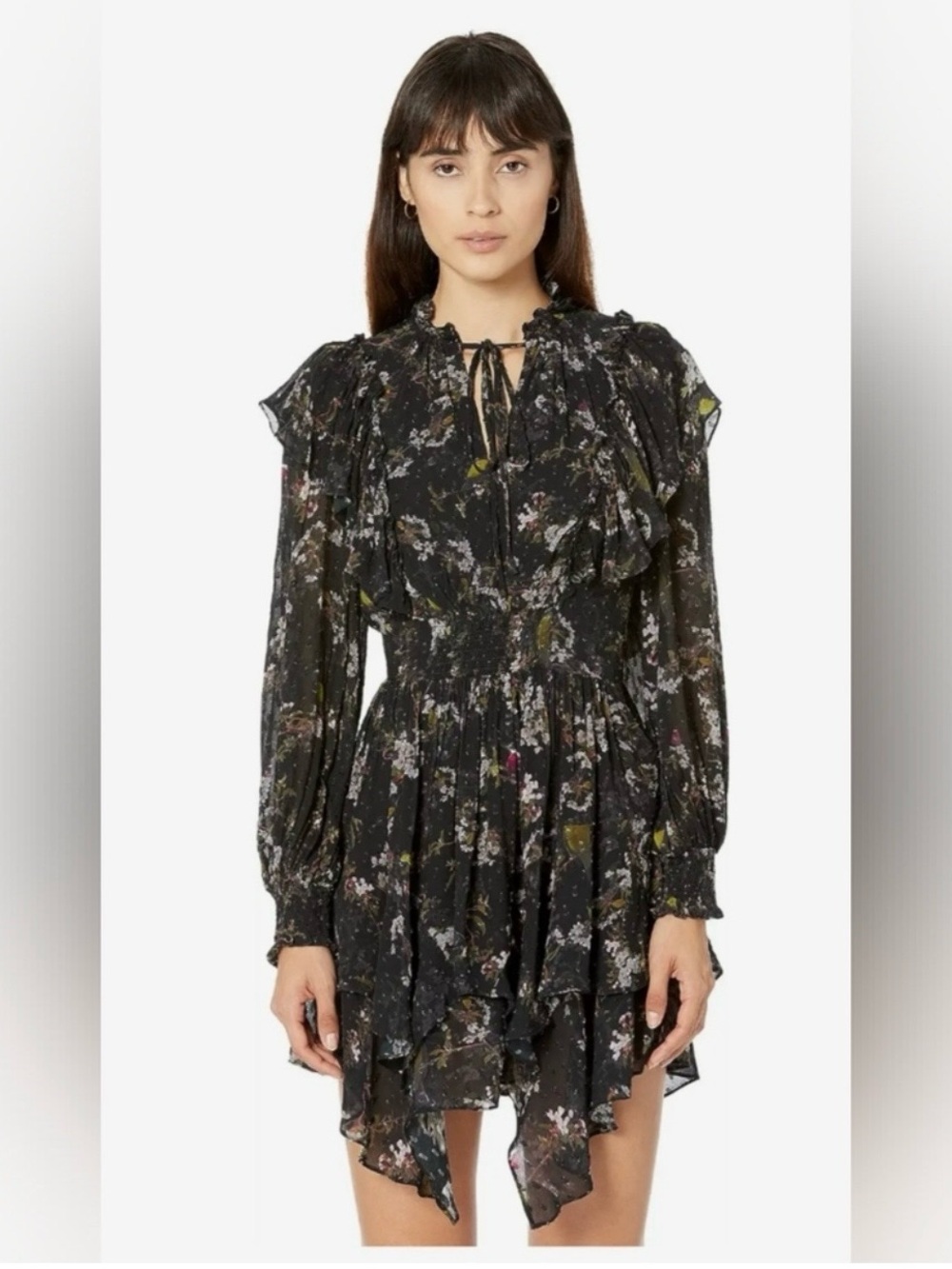 All Saints Black Floral Ruffle Tiered Long-Sleeve Dress US 6